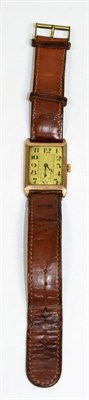 Lot 264 - A 9 carat gent's Art Deco wristwatch, Arabic dial, inscribed to reverse, brown leather strap