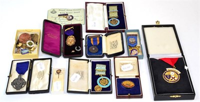 Lot 272 - An 18 carat gold and enamel Independent Order of Oddfellows medal, dated 1893, cased; with a...