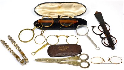 Lot 273 - A pair of Victorian silver gilt scissors, various glasses, nutcrackers, lorgnettes etc