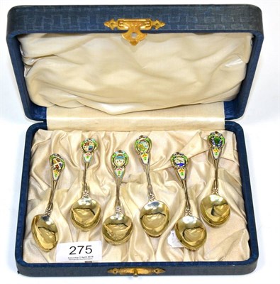 Lot 275 - A cased set of enamel teaspoons stamped 'STERLING' and with maker's mark RH