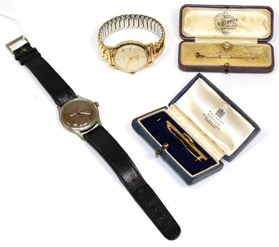 Lot 276 - A gents Bernex watch; a gents Eloga watch; a 9 carat gold seed pearl brooch and a cased stick pin