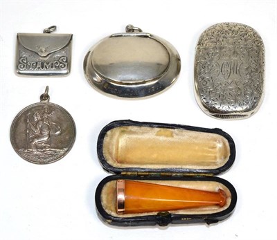 Lot 278 - A silver stamp case; a silver snuff box; a silver vesta; a silver medallion; and a cased...