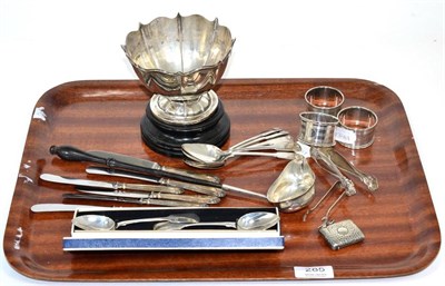 Lot 285 - Assorted silver including small bowl; ebonised pedestal; napkin rings; vesta case etc