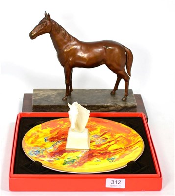 Lot 312 - A Spelter racehorse, Royal Worcester Aethon bust and a Royal Doulton plate winning colours