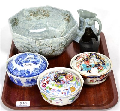 Lot 316 - A Masons china bowl and a pair of covered soap dishes; a Basalt jug; a Victorian jug etc