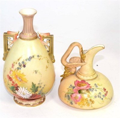 Lot 323 - A Royal Worcester square vase with ";Swan"; handle and a twin handled ovoid vase