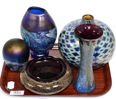 Lot 331 - Five pieces of art glass including two pieces of Okra, a vase signed David Wallace etc