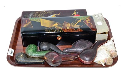 Lot 336 - Assorted collectables including Meerschaum pipes in cases, lacquer boxes, bisque dolls, house dolls