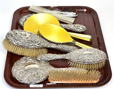 Lot 339 - A tray of assorted silver and enamelled dressing table brushes and mirrors