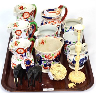 Lot 340 - Nine assorted jugs and mugs; a pair of ebony elephants and a Chinese carved ivory puzzle ball...