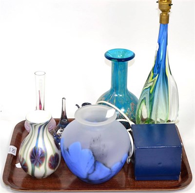 Lot 343 - A tray of art glass including a table lamp, paperweights etc