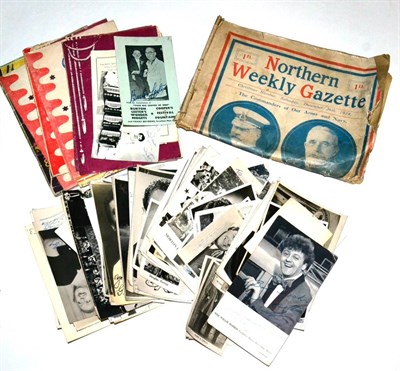 Lot 369 - A box of assorted photographs and autographs, programmes and postcards