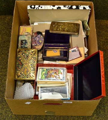 Lot 375 - A quantity of early 20th century postcards, signed photographs, ephemera, a quantity of tins...