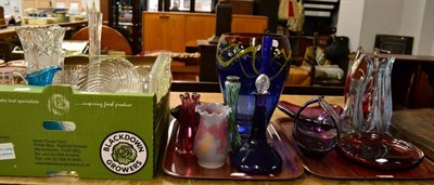 Lot 1014 - Two trays of coloured, cased and other glass vases and bowls together with a box of clear glass