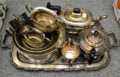 Lot 1022 - Assorted plated wares including a two handled tray; two three piece tea services, dish rings etc