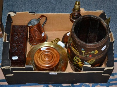 Lot 1034 - Assorted treen, a brass figure of an eagle, Arts & Crafts copper jug etc