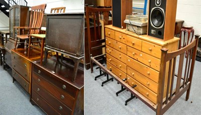 Lot 1045 - A group of furniture comprising an Edwardian checkered banded four height chest of drawers; another