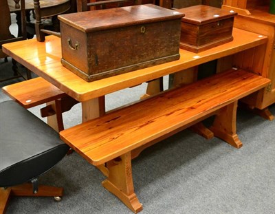 Lot 1051 - Beaverman: A Colin Almack pine refectory table, on two shaped supports joined by a stretcher,...