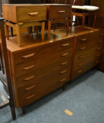 Lot 1055 - A Danish style five height chest of drawers; a pair of matching bedside tables and a similar stool