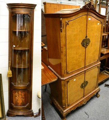 Lot 1067 - A walnut drinks cabinet with mirrored interior and a glazed corner display cabinet of small...