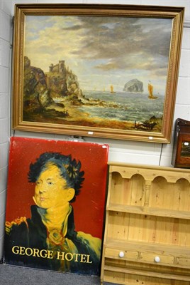 Lot 1085 - A large coastal landscape oil on canvas, apparently unsigned and a painted metal sign to The George