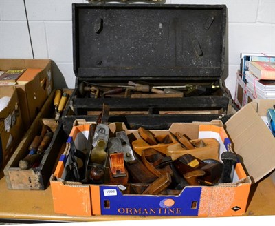 Lot 1098 - A tool chest, containing a large assortment of woodworking tools including planes, one steel marked