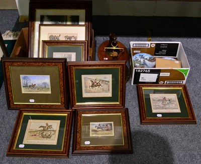 Lot 1103 - A brass horse head gong stand, oak oval backboard; a set of Royal Worcester racehorse...