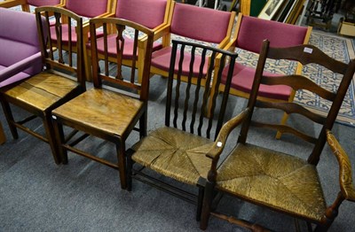 Lot 1113 - A pair of 19th century country dining chair with solid seats; an oak ladder back armchair with rush