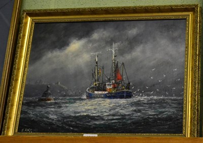 Lot 1142 - Jack Rigg, Trawler off Whitby, signed and dated 1986, recto and verso oil on board