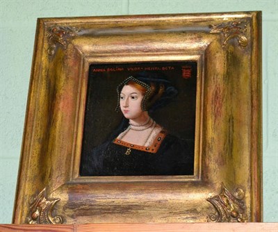 Lot 1145 - After Holbein, study of Anne Boleyn, 19th century oil on 18th century board, in a gilt frame