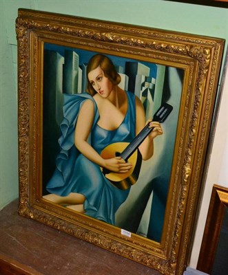 Lot 1154 - After Tamara Lempicka, portrait of a lady in a blue dress playing a mandolin, oil on board