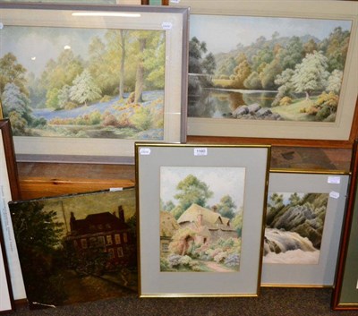 Lot 1160 - Four watercolours by Herbert George and a framed oil on canvas of a country house