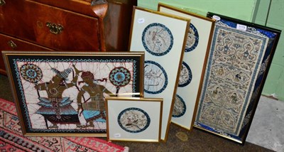 Lot 1178 - Four framed Oriental silkwork panels and one other