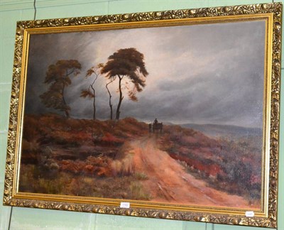 Lot 1182 - British school, 19th century, oil on canvas, figures in a horse and cart on a moorland track,...