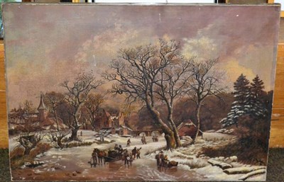 Lot 1186 - A frozen winter landscape, oil on canvas, apparently unsigned