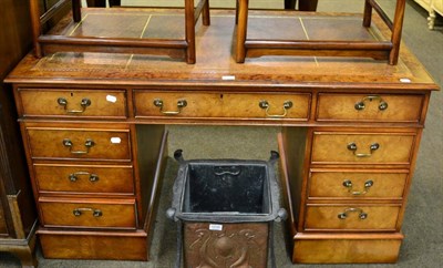 Lot 1234 - A Georgian style pollard oak twin pedestal desk, gilt tooled leather inset, 136cm wide