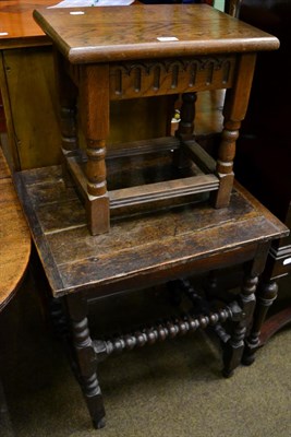 Lot 1298 - A provincial oak side table on bobbin turned supports and a later oak stool (2)