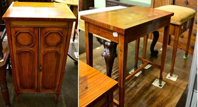 Lot 1304 - A satinwood music cabinet, a matching piano stool and a small table