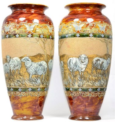 Lot 1 - Hannah Bolton Barlow (1851-1916) A Pair of Large Doulton Lambeth Stoneware Vases, incised with...