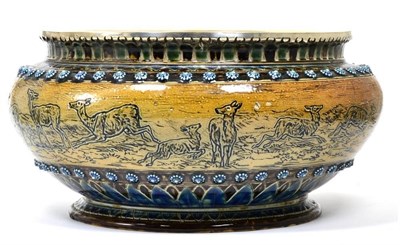 Lot 15 - Hannah Bolton Barlow (1851-1916) A Doulton Lambeth Stoneware Planter, incised with deer,...