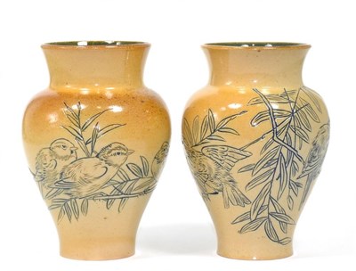 Lot 19 - Florence Elizabeth Barlow (1856-1909) A Pair of Doulton Lambeth Stoneware Vases, incised decoration
