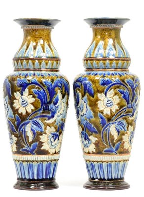 Lot 33 - Elizabeth M Small (working 1879-1884) A Pair of Doulton Lambeth Stoneware Vases, with incised...