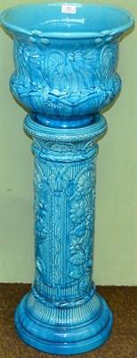 Lot 52 - A Burmantofts Faience Pottery Jardiniere on Stand, moulded floral decoration, turquoise glaze,...