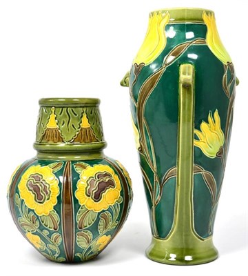 Lot 87 - A Burmantofts Faience Pottery Vase, decorated with tulips, in tones of yellow, green and brown,...
