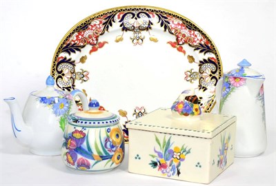 Lot 1 - A Poole pottery honeycomb dish; a preserve jar; a pair of Royal Crown Derby Imari oval plates and a
