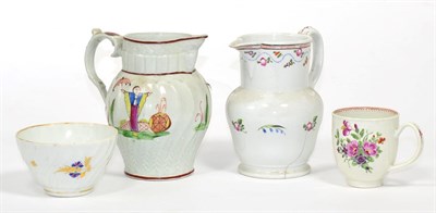 Lot 3 - Two 18th century New Hall type jugs, a Worcester floral painted tea cup and a floral and gilt...