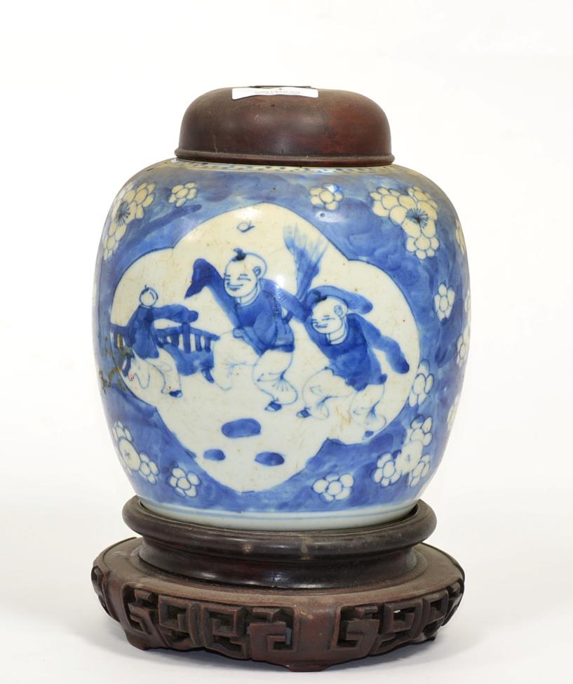 Lot 4 - A Chinese porcelain cracked ice ginger jar, decorated with children playing, with a later...