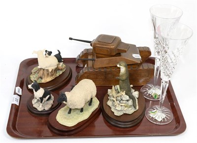 Lot 20 - Four Border Fine Art figures also Waterford flutes and Prisoner of War tank