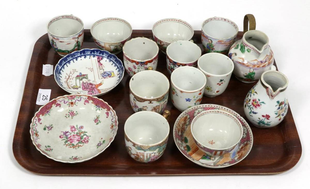 Lot 25 - A group of Chinese 18th century tea bowls, saucers, cups and a jug (some a.f.)