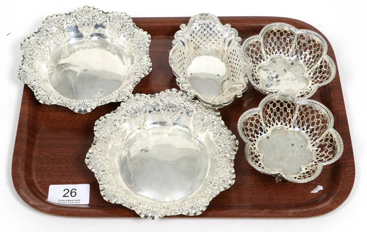 Lot 26 - Three pairs of silver bon bon dishes, the largest 14cm diameter, 9.5ozt (6)